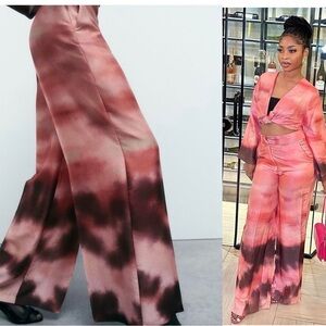Zara NWOT pink Ombre tie-dye satin effect high waisted wide leg trouser pants